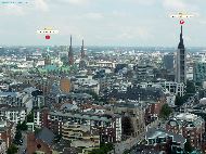 Hamburg - Rathaus et Mahnmal St. Nikolai - Vues depuis la tour de Hauptkirche St. Michaelis &mdash; ⑴ Rathaus Hamburg &mdash; ⑵ Mahnmal St. Nikolai