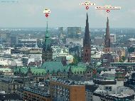 Hamburg - Rathaus - Hauptkirche St. Petri - Pilgerzentrum im Norden St. Jacobi -Vues depuis la tour de Hauptkirche St. Michaelis &mdash; ⑴ Rathaus &mdash; ⑵ Hauptkirche St. Petri &mdash; ⑶ Pilgerzentrum im Norden St. Jacobi