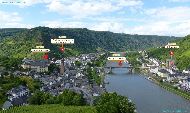 Vue depuis Reichsburg Cochem &mdash; ⑴ Kapuzinerkloster &mdash; ⑵ Cochem an der Mosel St. Martin Kirche &mdash; ⑶ Skagerak-Brücke &mdash; ⑷ St Remaclus