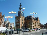 Comines - Église Saints-Chrysole-et-Pierre, le Beffroi et la Mairie &mdash; ⑴ Église catholique Saint-Chrysole-et-Saint-Pierre &mdash; ⑵ Église catholique Saint-Chrysole-et-Saint-Pierre &mdash; ⑶ Beffroi &mdash; ⑷ Hôtel de Ville de Comines