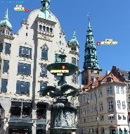 København (Copenhague) - Amagertorv  &mdash; ⑴ Højbrohus &mdash; ⑵ Storkespringvandet &mdash; ⑶ Nikolaj Kunsthal