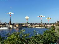 Stockholm - Monteliusvägen &mdash; ⑴ Riddarholmskyrkan &mdash; ⑵ Storkyrkan &mdash; ⑶ Sankta Gertrud kyrkan &mdash; ⑷ Kaknästornet