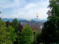 Luzern - Vue depuis le Schirmerturm &mdash; ⑴ Kapellbrücke &mdash; ⑵ Rathausturm &mdash; ⑶ Stanserhorn