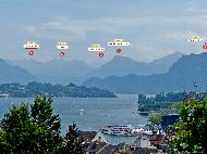 Luzern - Vue depuis le Schirmerturm &mdash; ⑴ Niederbauen Kulm &mdash; ⑵ Bürgenstock &mdash; ⑶ Bifertenstock &mdash; ⑷ Chaiserstock &mdash; ⑸ Rosstock
